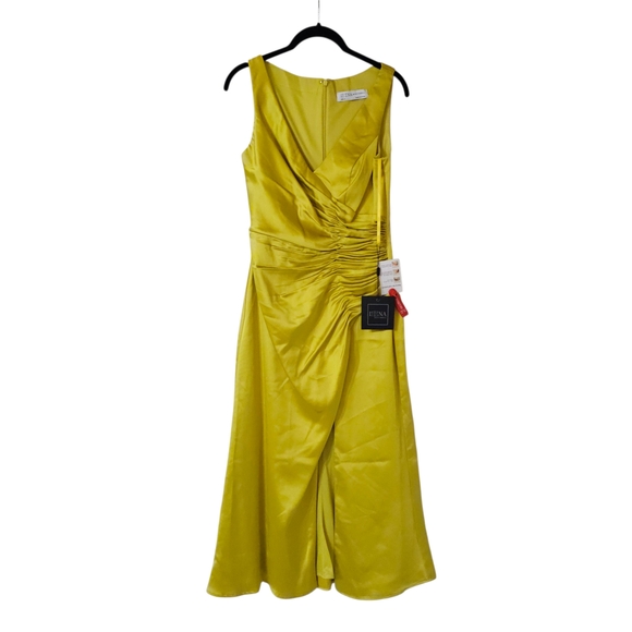 Mac Duggal Leena Satin Ruched V Neck Faux Wrap Midi Dress Womens Size 2 - Picture 2 of 5